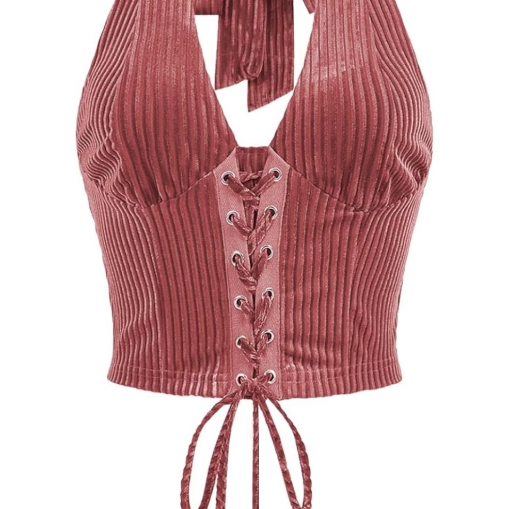 Lace-Up Ribbed Halter Top - Pink
